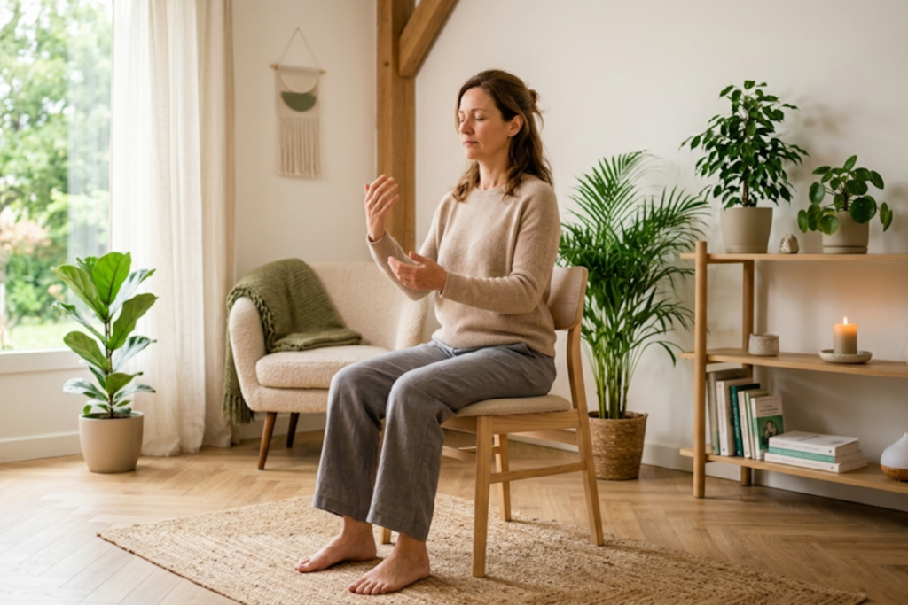 Femme sur une chaise faisant de la sophrologie